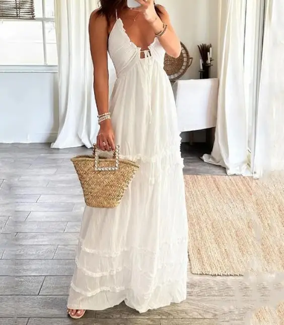 

New Women's Wear 2023 Hot Selling Casual Fashion Sexy Open Back Pleated Lace Strap Dress
