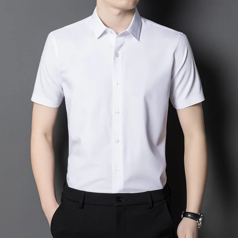 New Spring Summer Men Shirt Non-Ironing Anti-Wrinkle Business Casual Solid Color Elastic Smooth Short Sleeves Work Social Shirt 3