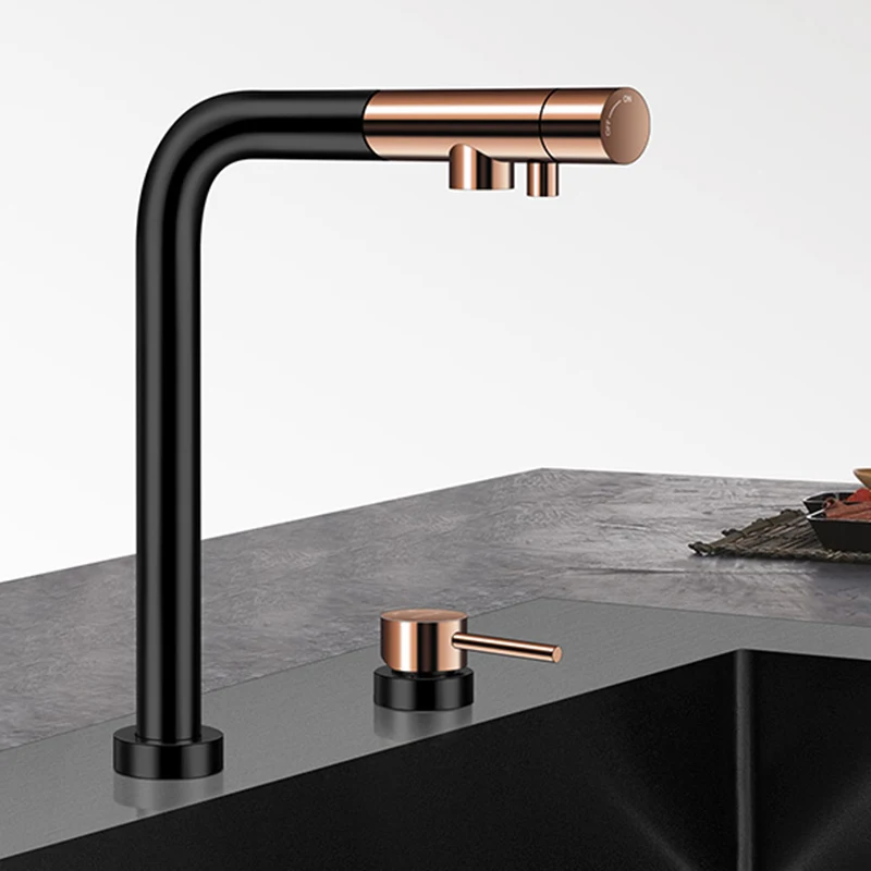 Rose Gold Black Kitchen Lifting Faucet Hot & Cold Water Filter Water Three-in-one Independent Switch Pull Out Kitchen Faucets