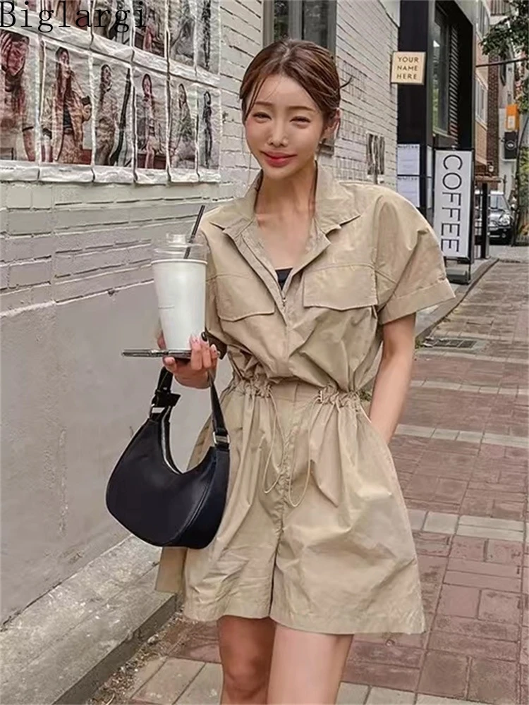 

Summer New Casual Zipper Woman Shirt Jumpsuit Shorts Korea Chic Loose Ladies Womens Cotton Office Shirt Jumpsuit Wide Leg Short