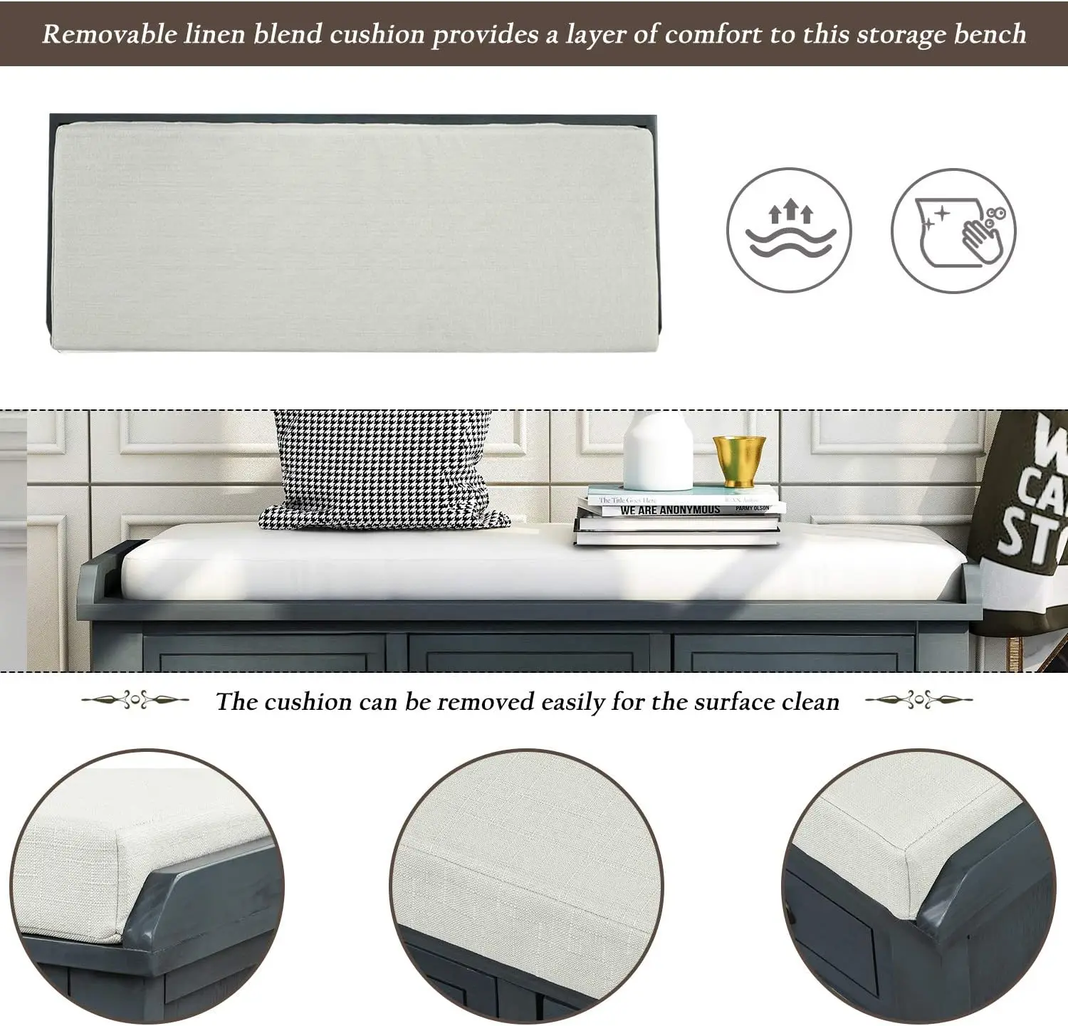 Entryway 6-Drawer Storage Bench with Removable Cushion, Entry Hallway Foyer Shoe Bench End of Bed Bench 5
