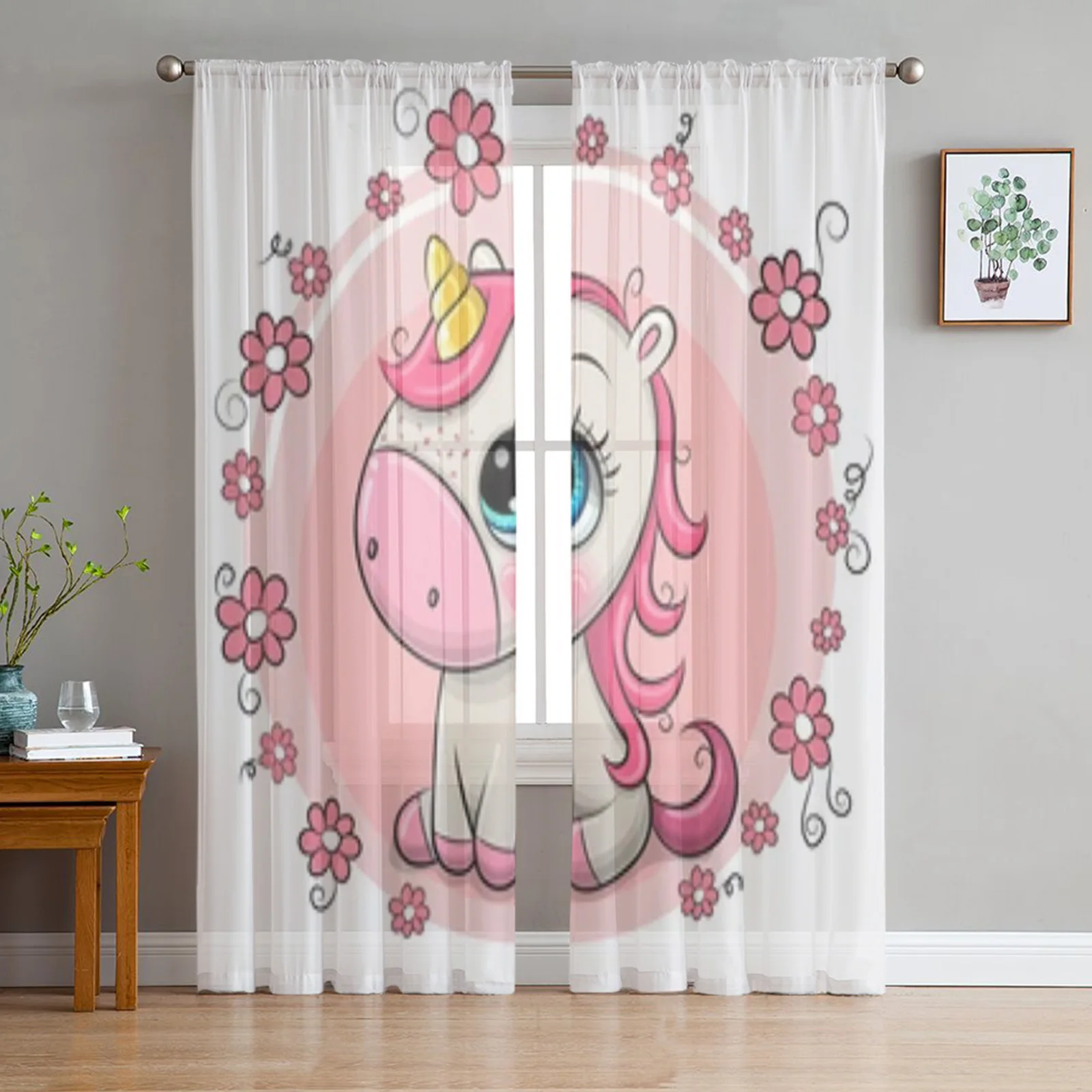 Cute Cartoon Unicorn Sheer Curtains For Living Room Window Transparent