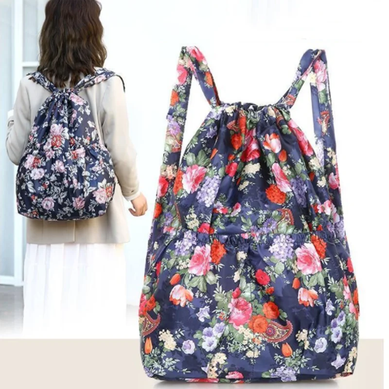 

2023 Fashion Vintage Drawstring Backpacks Women Large Capacity Flower Ethnic Style Waterproof Nylon Rucksack Shoulders Backpacks