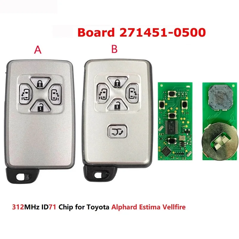 

CN007255 для Toyota Smart Key 4 кнопки слайдер дверь 312 МГц номер детали 271451-6230 черная крышка PCB 6221 плата