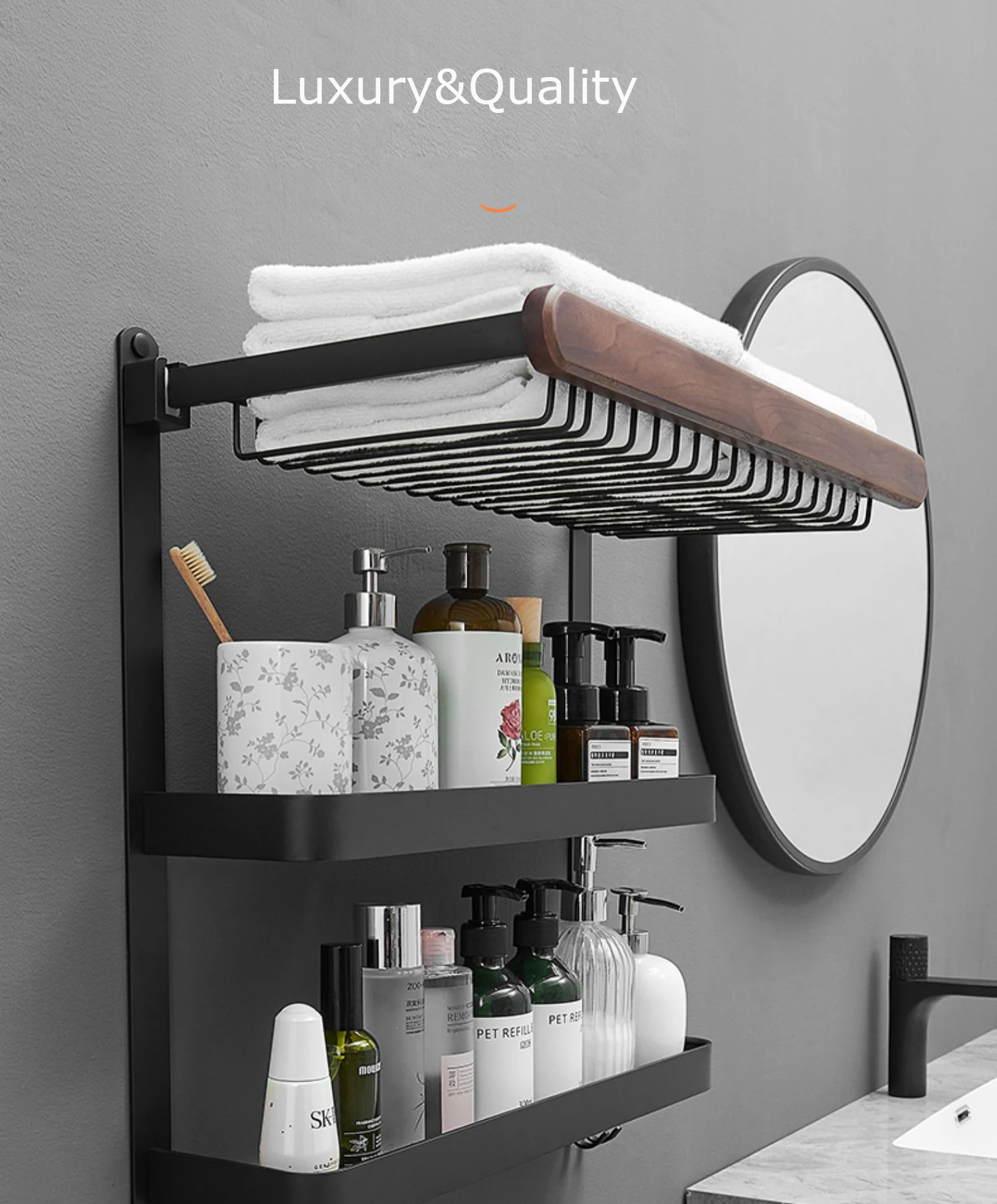 Description Picture 2 of itemNo Drilling Black Towel Holder Fold Hook Hanger Wall 30-60CM Clothes Rack Athroom Aluminum Shower Bath Toilet Storage Shelf