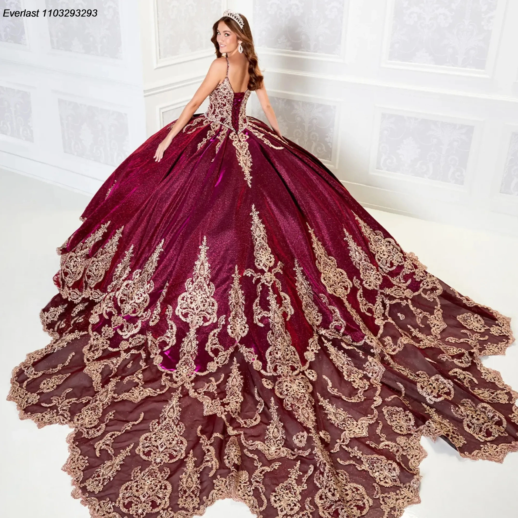 

EVLAST Purple Quinceanera Dress Ball Gown Gold Lace Applique Crystals Beaded With Cape Corset Sweet 16 Vestido De 15 Anos TQD339