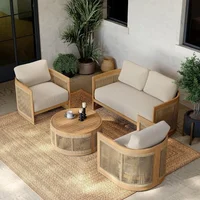4-Piece Teak & Woven Rope Outdoor Sofa Set, All-Weather-Resistant Beige Patio Furniture with Cushions for Garden, Deck, Backyard 1