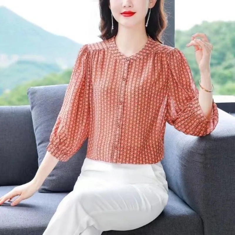 Spring Summer Women's Clothing Round Neck Pullover Button Lantern Long Sleeve Chiffon T-shirt Casual Elegant Fashion Tops