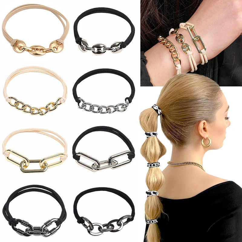 

3pcs Metal Chain Hair Ties For Women Elastic Rubber Band Fashion Retro Gold Silver Hair Rope Hair Ring Bracelet Hair Accessories