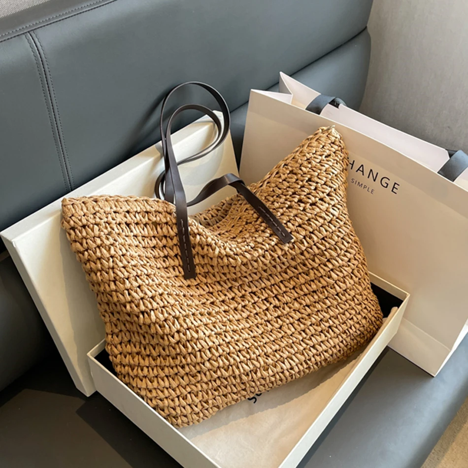 

Luxury Design Women Straw Woven Tote Bags New Fashion Beach Shoulder Bag Summer Casual Large Capacity Handbags Simple Shopping