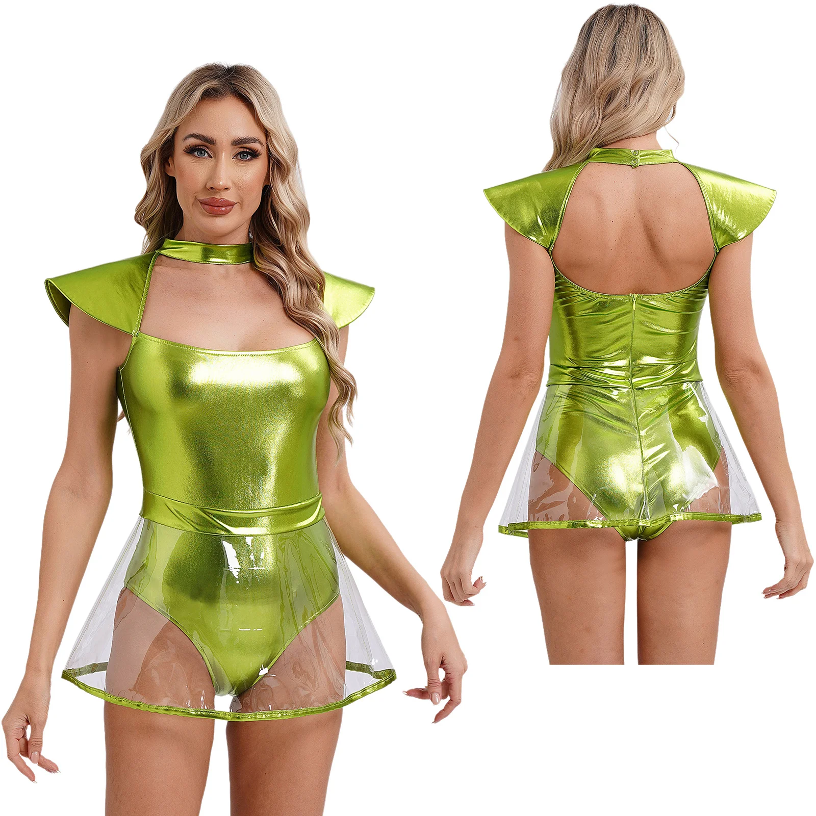 thumbnail image 1 of Disfraz de cosplay de Space Alien Parade para mujer, braguitas recortadas con manga voladora, parte inferior con falda de PVC, mono de Carnaval de Halloween, 1 of 5