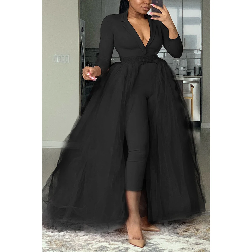 

Plus Size Casual V Neck Tulle Solid Long Sleeve Pants Jumpsuits