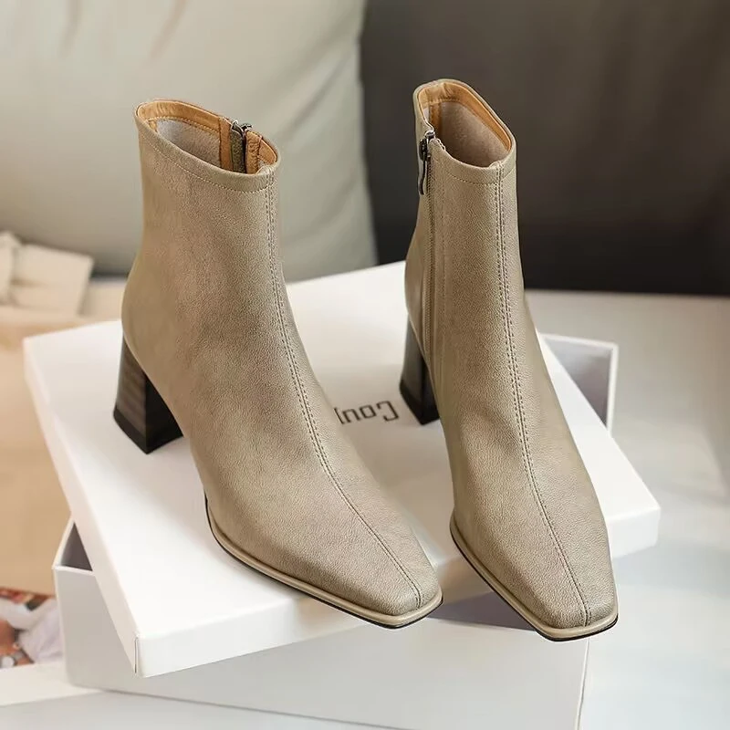 

High Heels Square Head Women Shoes Ankle Elegant Office Dress Boots Women Winter New Fashion Chunky Pumps Chelsea Cotton Botas