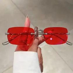 Sleek Unisex Rimless Metal Sunglasses with UV400 Ocean Lenses (Silver - Red)