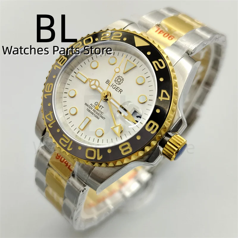 

BLIGER 40mm GMT Watch For Men NH34 With Gold Index Bezel White Dial Gold Time Mark Gold Pointer Sapphire Glass Two Tone Bracelet