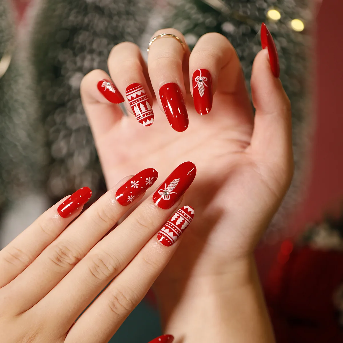 Christmas Snowman Glitter Press-On Nails - 24 Pcs/Set
