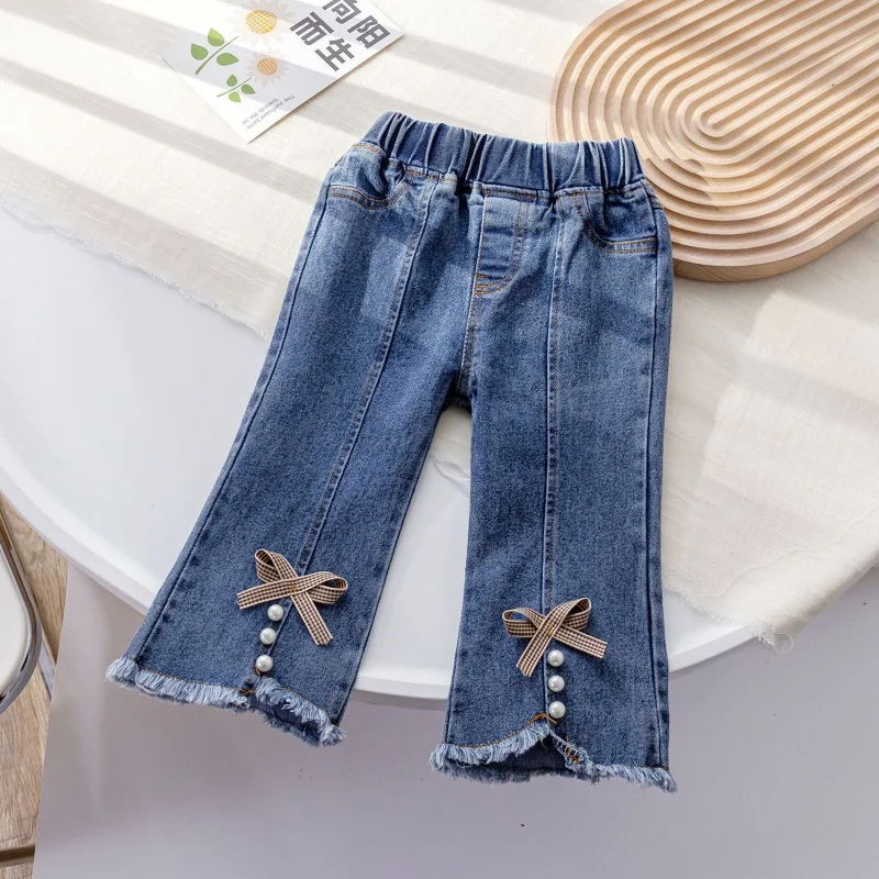 

Girls 2024 Trendy Jeans Girls Spring and Autumn New Pearl Lace Bell-Bottom Pants Baby Girl All-Matching Trousers Tianxbb