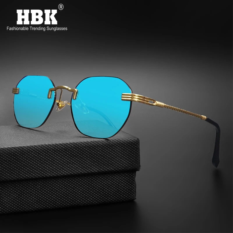 HBK Blue MIRROR Frameless Gold Metal Ladies Sunglasses Men Rimless Brown Sun  Glasses For Women Fashion Shades Cutting Eyeglass