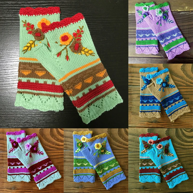

Flower Knitted Gloves Autumn And Winter Women Arm Crochet Knitting Hand Hook Small Flowers Mittens Warm Fingerless Gloves