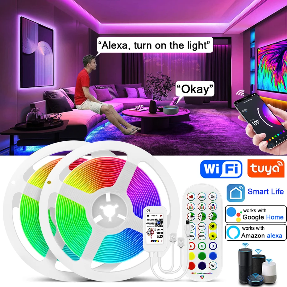 

Smart 24V COB RGB Led Strips 840LEDs/m 2m 5m 10m WiFi Tuya,Bluetooth,Remote Control COB RGB Tape Light Adhesive Room Home Decor