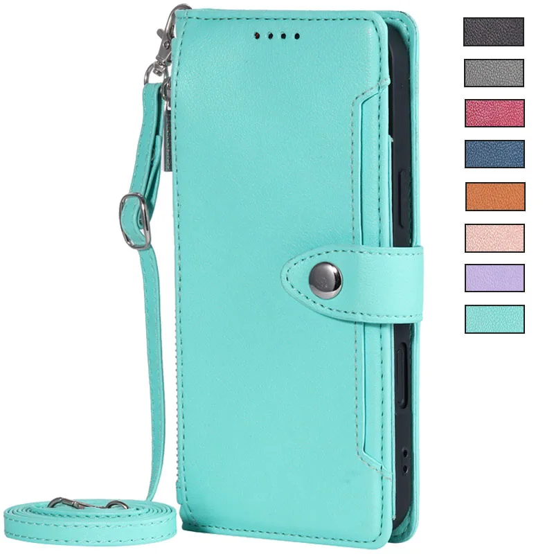 Solid Color Wallet Case with Long Strap and Zipper Leather Bag