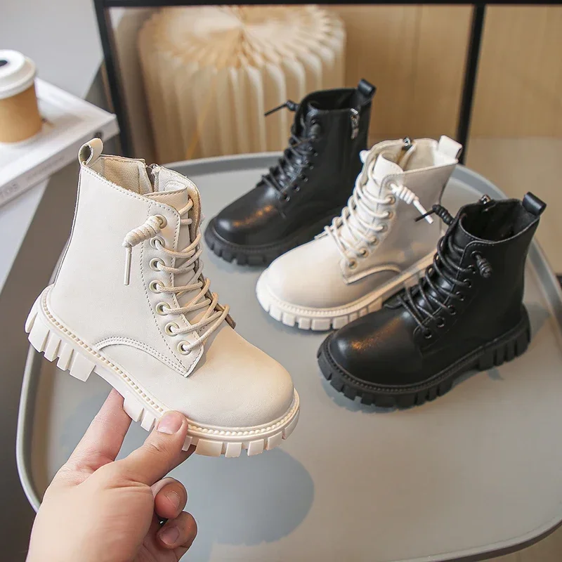 Spring Autumn Girls Ankle Boots Fashion School Kids Leather Boots Thick Bottom Non-slip Children's Platform Causal Boots Black
