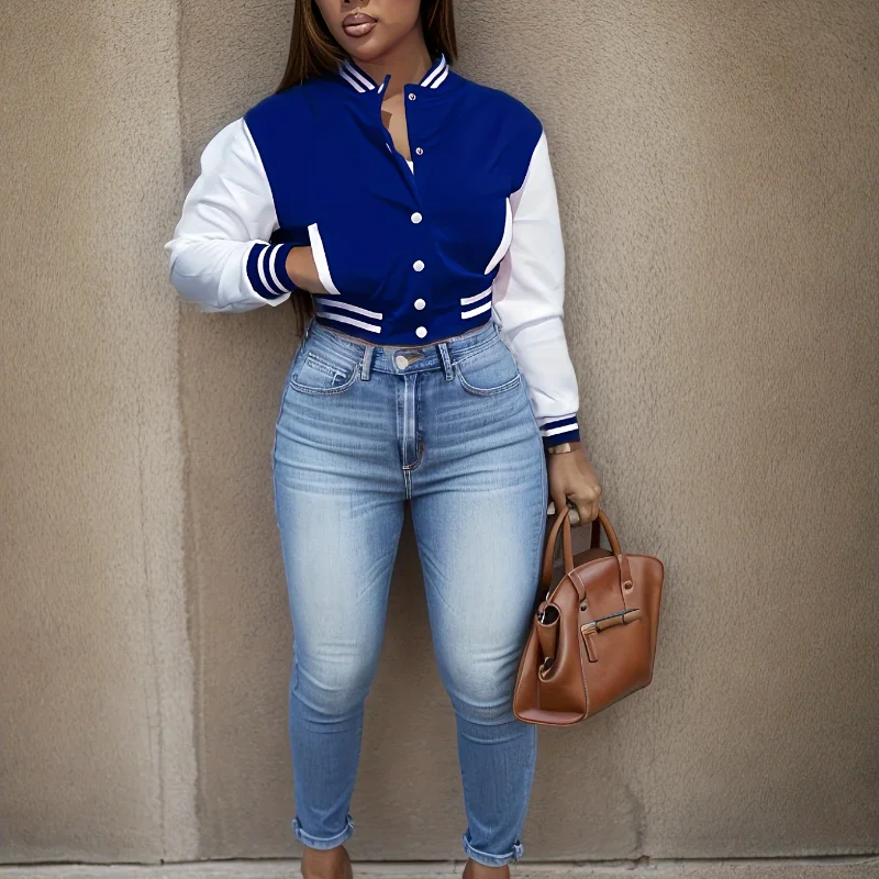 Spring and Autumn European and N Women's Color Matching Jacket Single-breasted Lettered Baseball Jacket Jacket 3