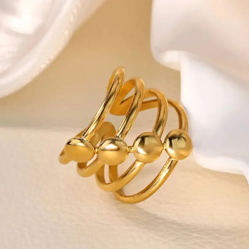 Fashion 3 Rows Beaded Rings for Women Gold Color Stainless Steel
