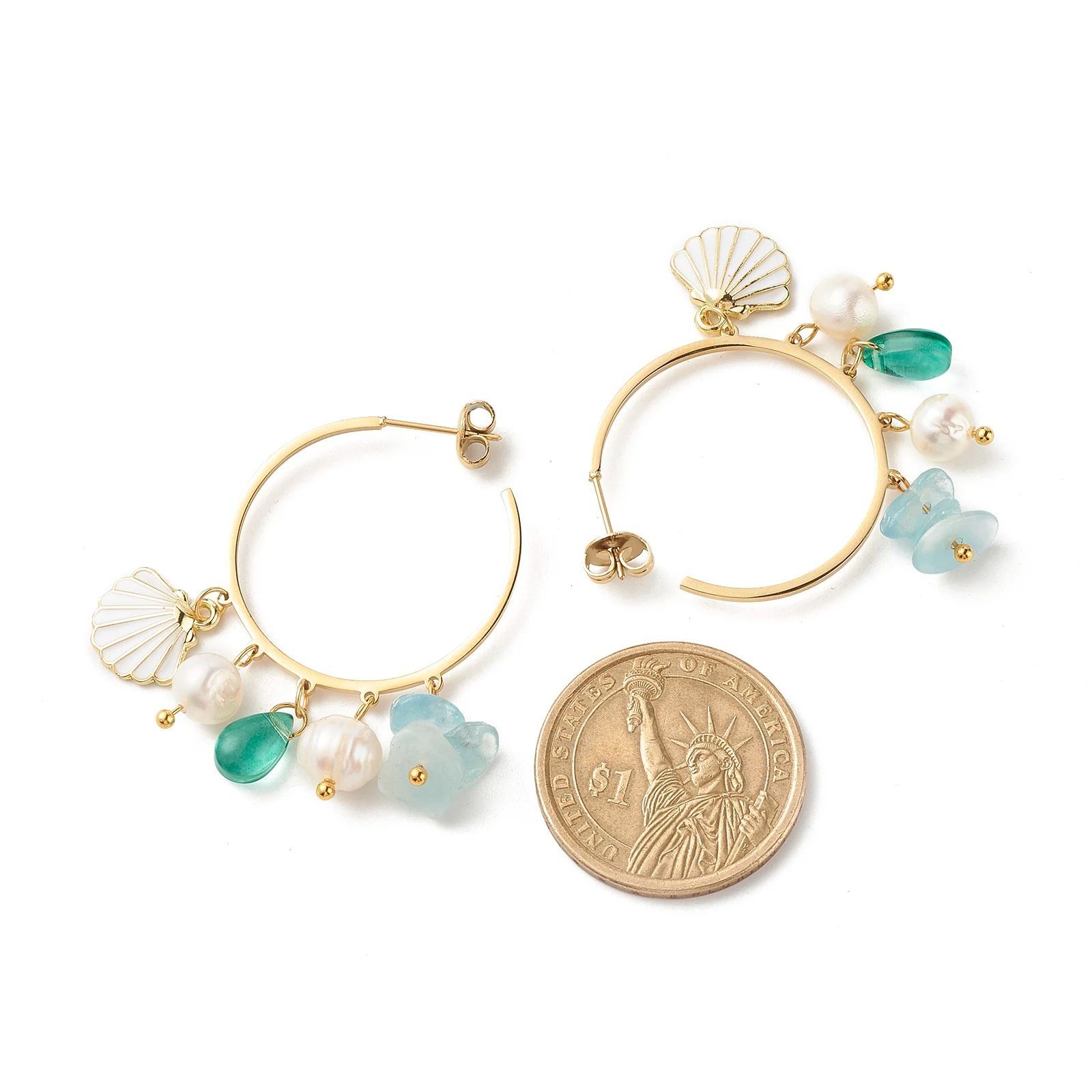 Kissitty 5 Pairs Shell Shape Charm Beads Dangle Half Hoop Earrings For Women Drop Open Hoop Earrings Trendy Jewelry Finding Gift