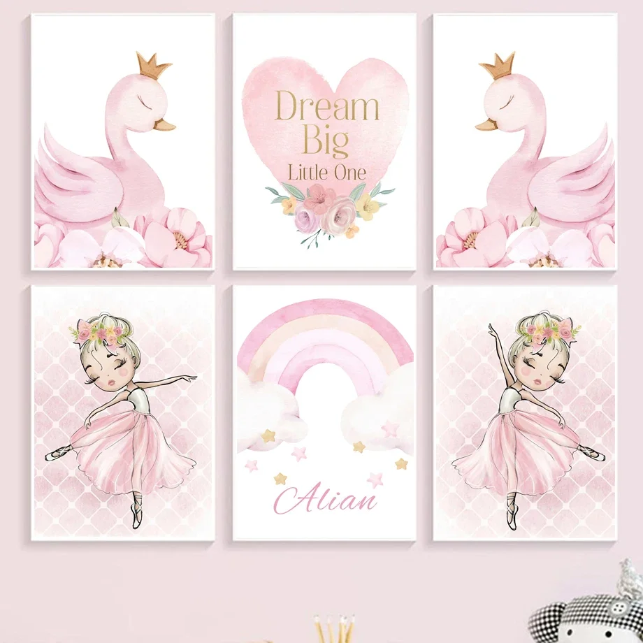 Pink Ballerina Swan Rainbow Cloud Heart Flower Wall Art Canvas Painting Nordic Poster E Stampe Immagini A Parete Kids Room Decor