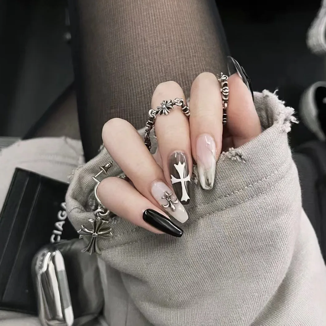 24pcs Punk Babes Fake Nails With Glue Vintage Rhinestones Cross Design Long  Ballet Coffin Press On Nails Detachable Manicure Tip - False Nails -  AliExpress