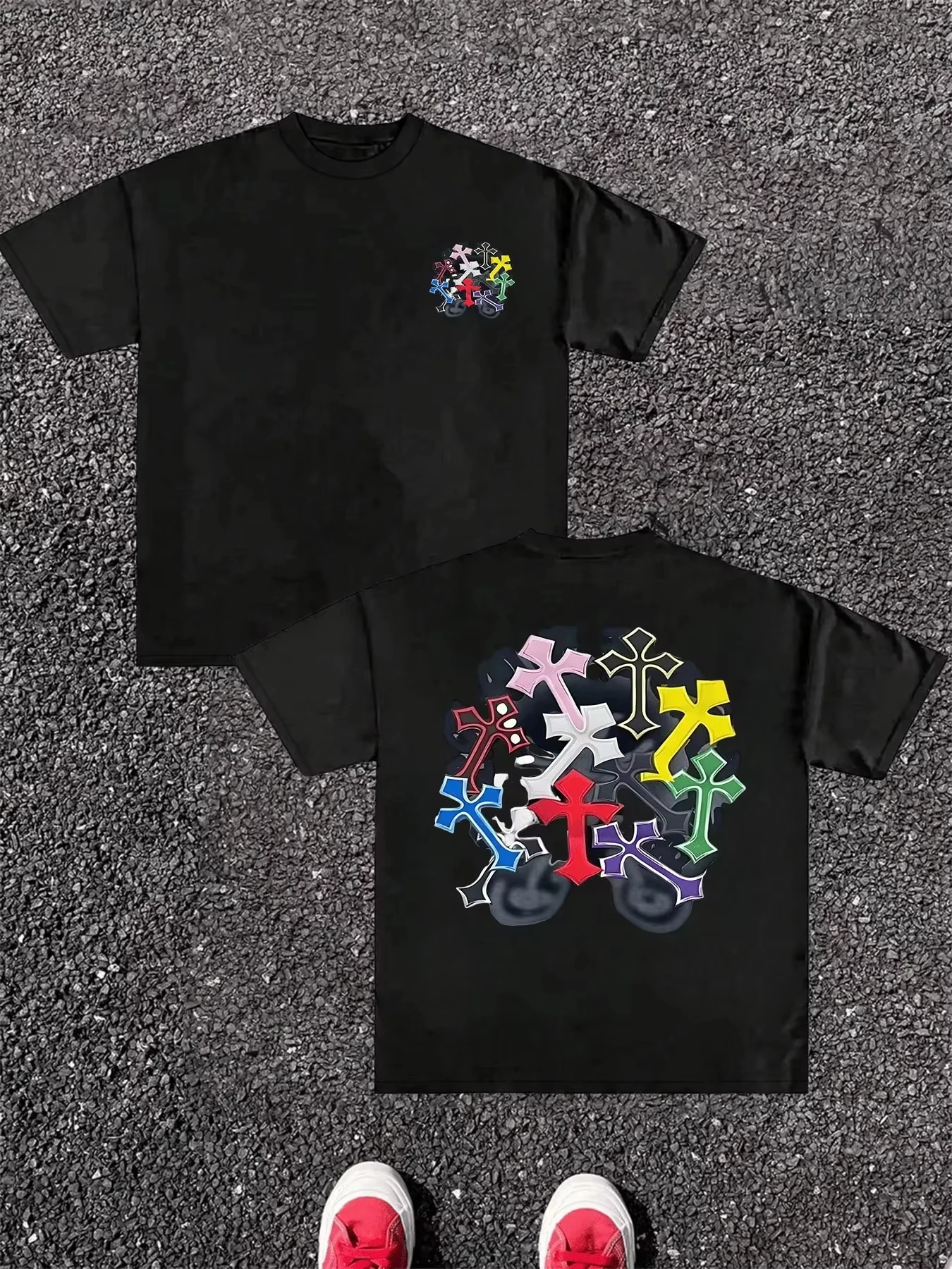 Harajukus neues Streetwear-Herren-T-Shirt mit doppelseitigem Digitaldruck, buntem Kreuzmuster, neutrales, lässiges Oberteil