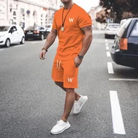 2024 Latest Men's W-shaped Printed Casual T-shirt Set Round Neck Short sleeved Top Home Clothes Summer 1