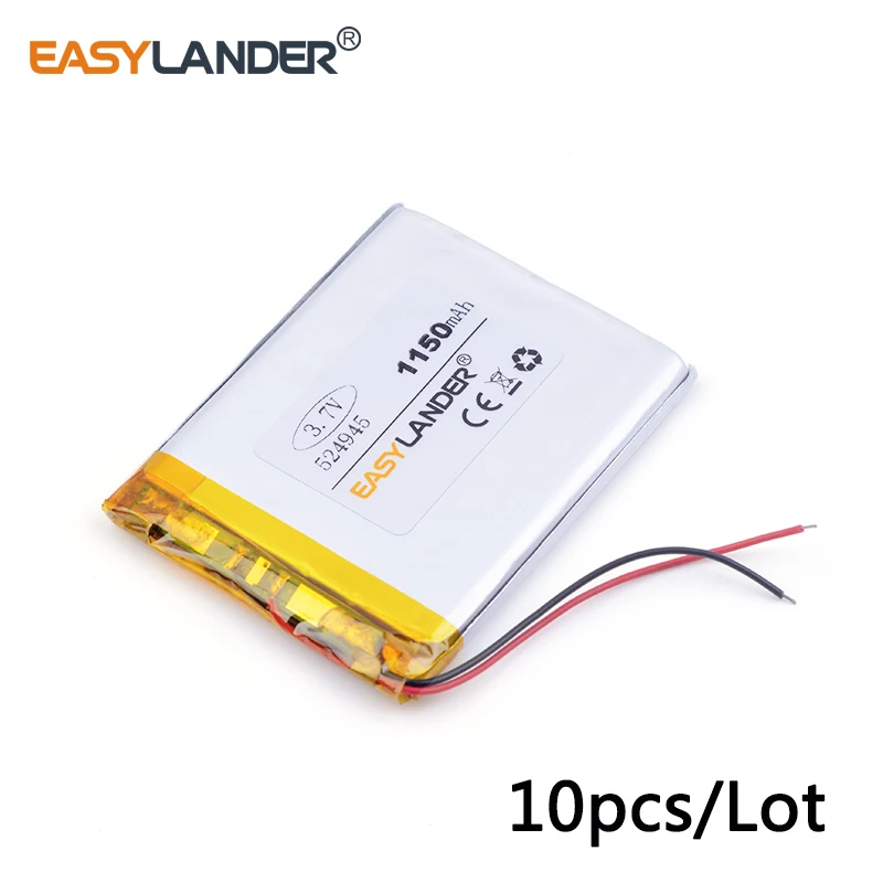 

10pcs /Lot 3.7v lithium Li ion polymer rechargeable battery 524945 1150mah with Protection Board For MP4 PSP GPS Tablet PCs PDA