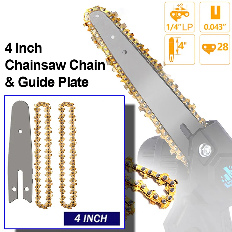 4 Inch Golden Chains Set for Electric Chainsaw Chain Parts Metal Guide Plate Chain Saw Blade Replacement Guide Bar Power Tool