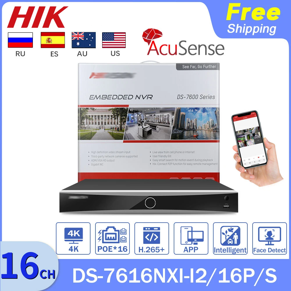 

HIK Original NVR POE 16CH 8CH DS-7616NXI-I2/16P DS-7608NXI-I2/8P 4K 8MP 12MP AcuSense IP Camera Network Video Recorder System