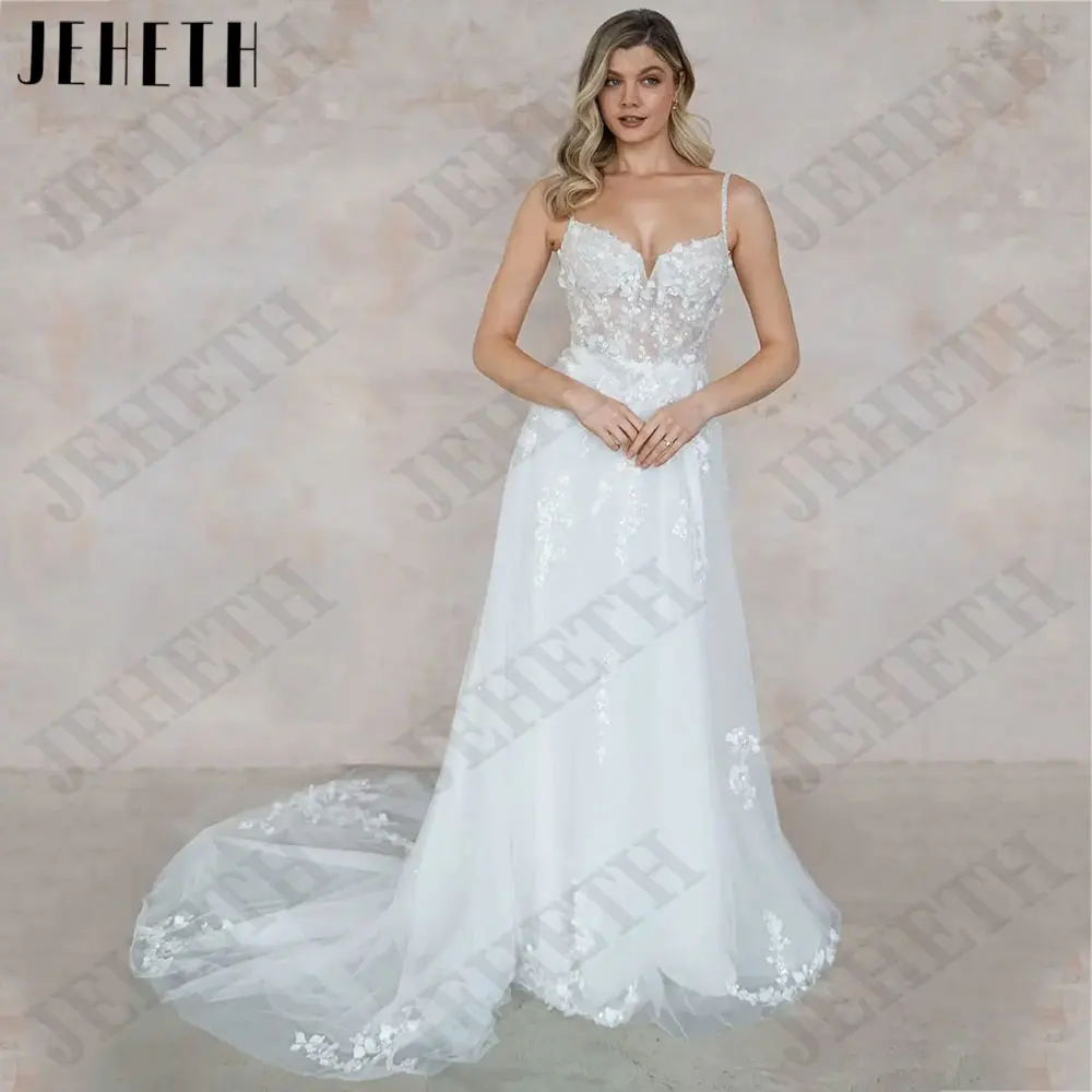 

JEHETH Backless Sleeveless Wedding Dresses A-Line V-Neck Tulle Bride Gowns Appliques vestidos de fiesta elegantes para mujer2024