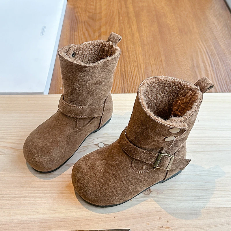 Kids Leather Boots Versatile Round Toes Girls Princess Boots Suede Warm 2025 Winter Children Fashion Boots Casual Two-way Wear