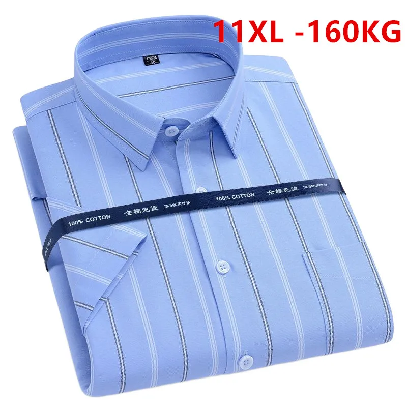 Summer Men Oxford Shirts Short Sleeve Big Size 8XL 9XL 10XL 11XL Stripe Dress Fit 100% Cotton Business Casual Shirt 160KG Large aoliwen men navy solid color 60% cotton oxford short sleeve shirt s 4xl summer business casual thin breathable slim fit shirts