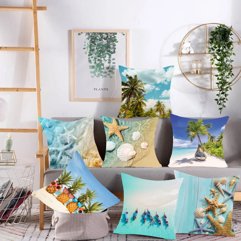 Beach Landscape Polyester Print Square Pillow Cushion Cover Car Sofa Office Chair Simple Home Decor Ornament |