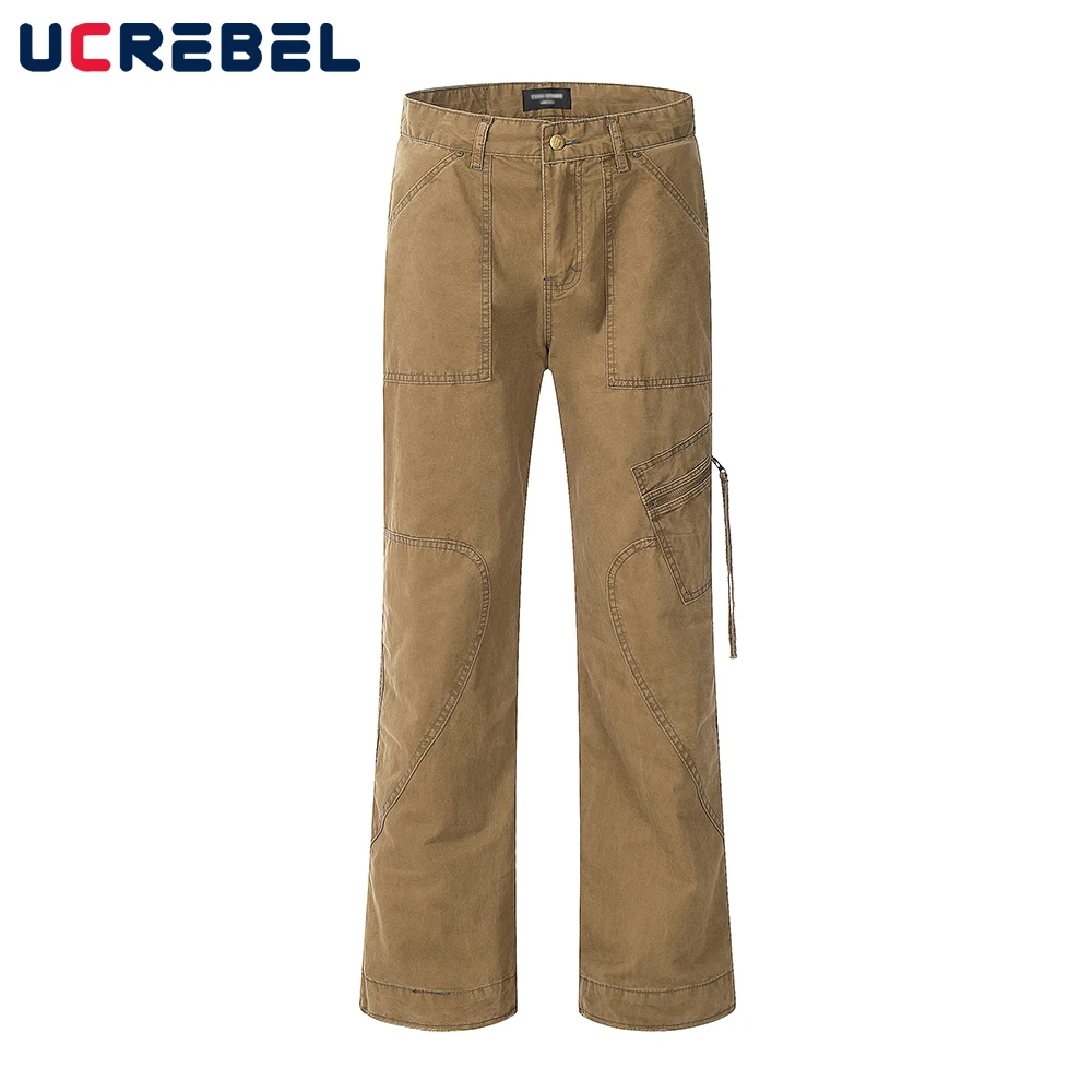

Patch Pocket Casual Cargo Pants Mens Washed Loose Solid Color Spliced Streetwear Trousers Men
