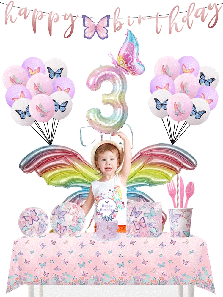 Schmetterling Geburtstag Party Tischdecke Serviette Banner Platte Schmetterling Luftballons für Kinder Mädchen Geburtstag Party Dekoration Geschenk Liefert – Detail 1