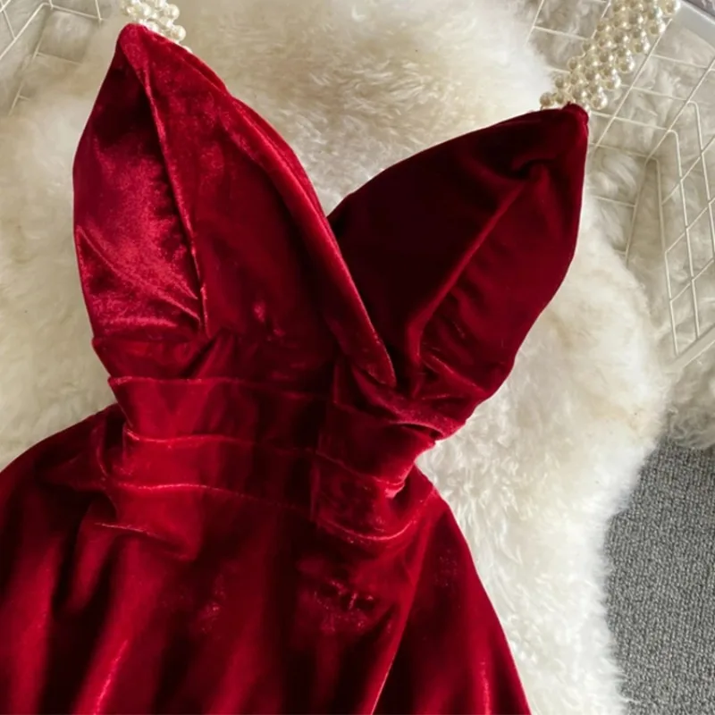 الصيف فستان بحزام المرأة الأحمر المخملية ألف خط فستان سهرة صغير خمر قبالة الكتف الفاخرة Y2K قطعة واحدة الفساتين الملابس 2025 جديد