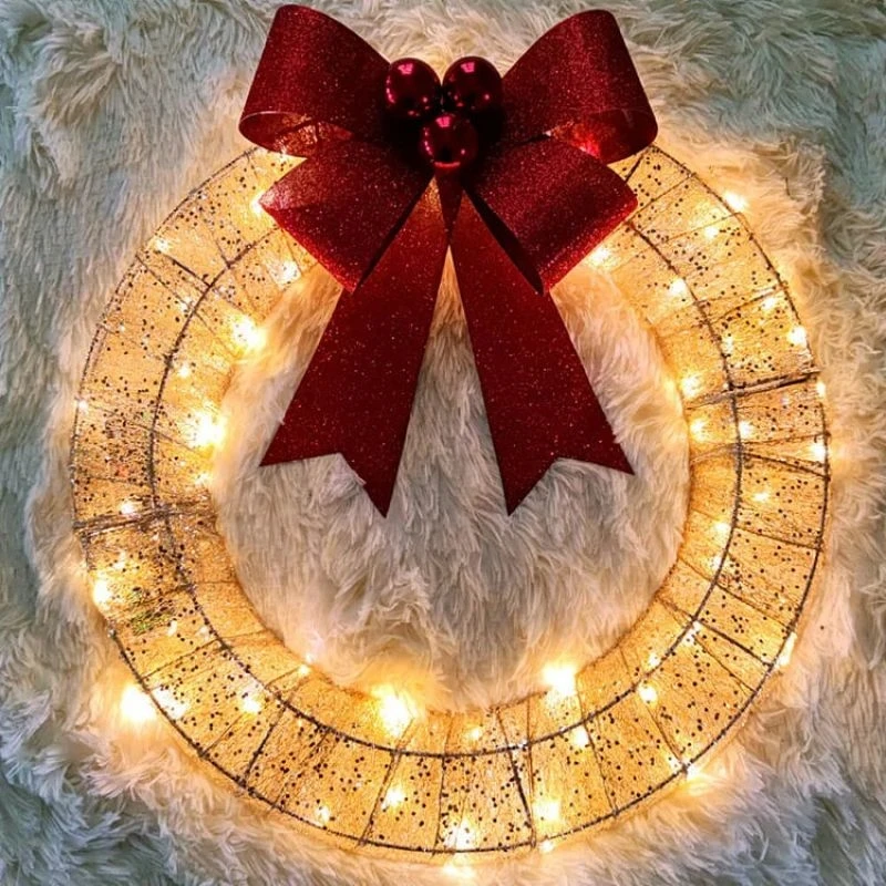 

2023 Christmas Garland Metal Luminous Christmas Wreath with Big Bow Warm Lights Christmas Decoration Front Door Home Hanging