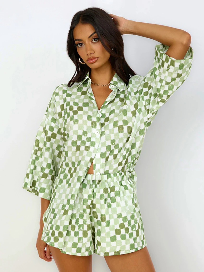 Marthaqiqi Fashion Printing Ladies Nightwear Suit Three Quarter Sleeve Pyjamas Turn-Down Collar Pajama Shorts Casual Nightie Set