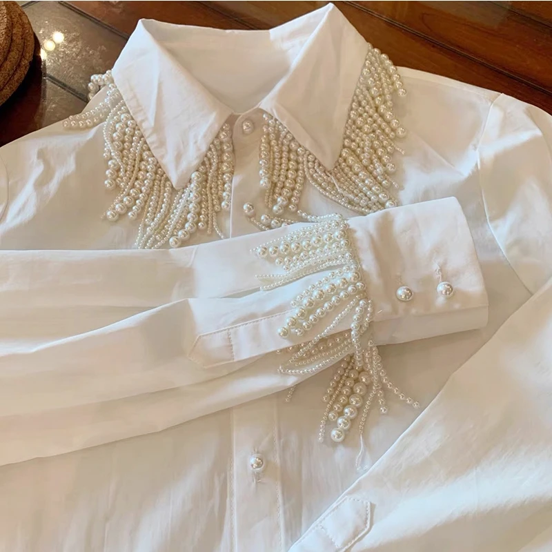 Luxury Women Pearls Beaded Tassels White Shirts Spring Summer Pearls