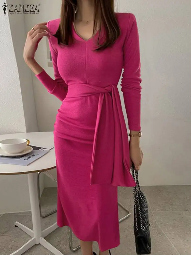 

ZANZEA 2023 Autumn Slim Dress Women Sexy Hip Wrap Dress Fashion Bandage V-Neck Back Slit Pleated Vestidos Party Long Sleeve Robe