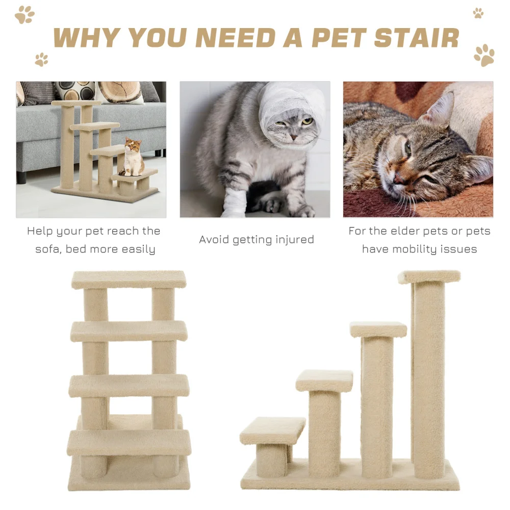 PawHut 25" 4-Step Multi-Level Carpeted Cat Scratching Post Pet Stairs Beige Large Cat Tree Kitten Apartment Scratch Able
