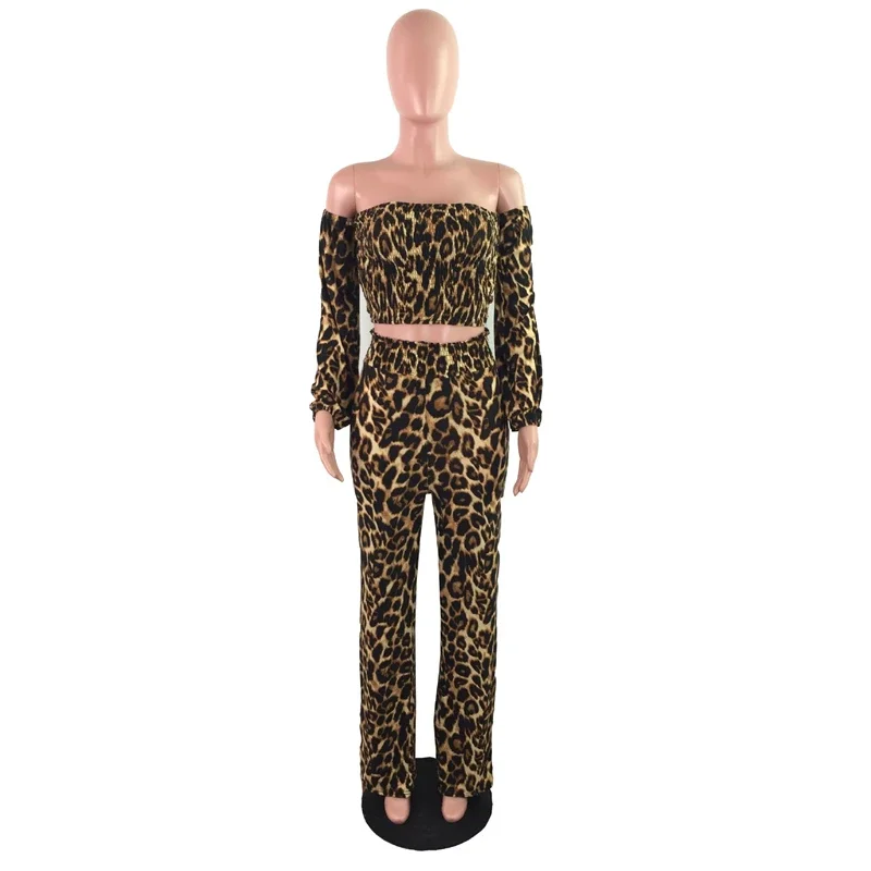 New Arrival Pleated Slash Neck Lantern Sleeve Crop Top Leopard Pant Sets Conjuntos Para Mujeres 2 Piezas Fashion Two Piece Set