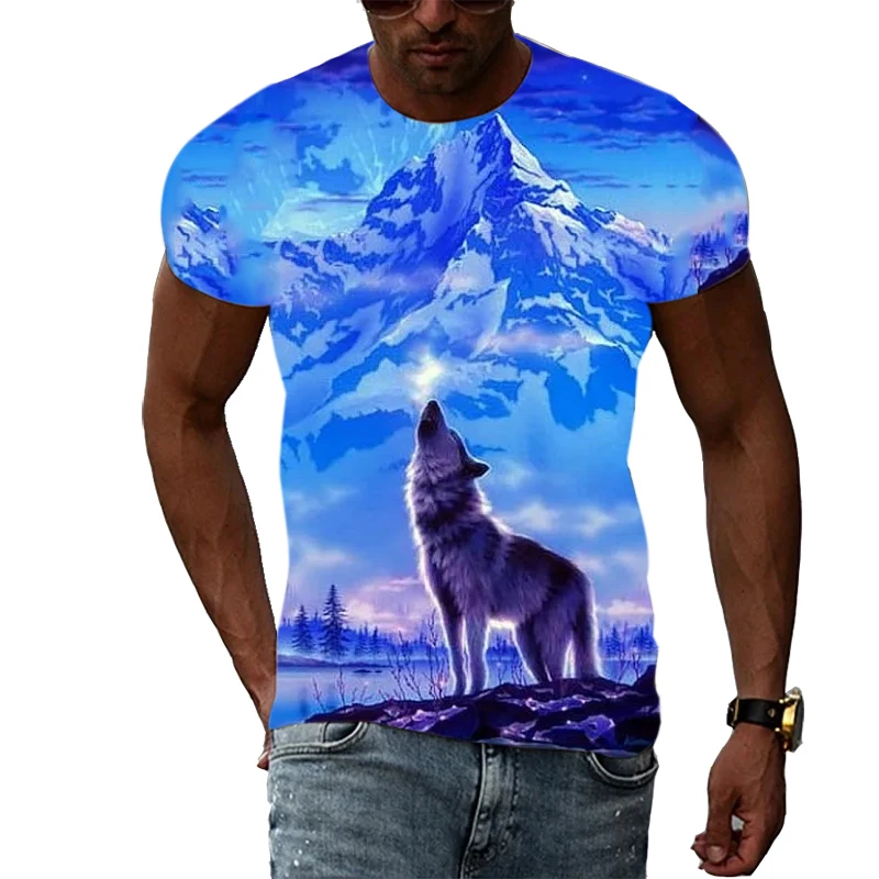 

Summer New Trend Cool Camp Wolf Casual Taste 3D Personality Hip-hop Style Harajuku Printing Short-sleeved Round Neck Men's Tees